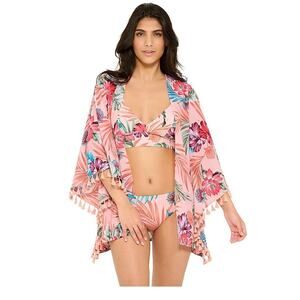 Freshwater Tassel Trim Swim Cover Up Kimono Pink Floral | 2X